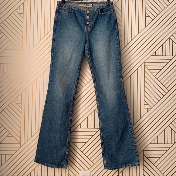 Express Vintage Low Rise exposed Button Fly Hipster Flare Jeans Y2K 2000s 3/4 - Picture 10 of 10